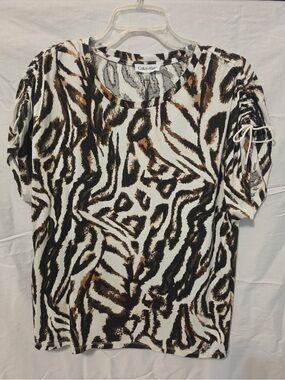 NWT Calvin Klein White, Black & Brown Animal Print Short Sleeve Top